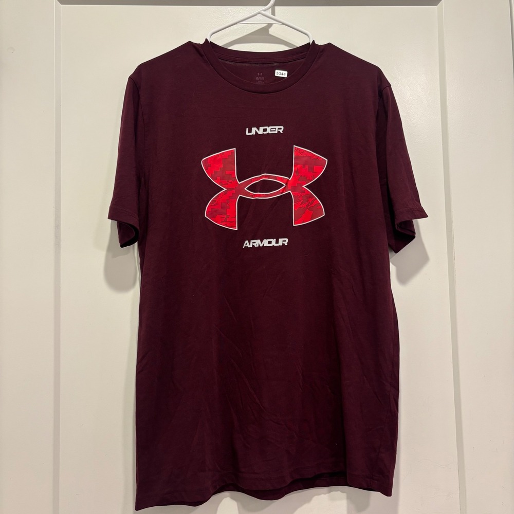Under Armour Mens Large Maroon Red Camo Logo Graphic Loose Fit T-Shirt